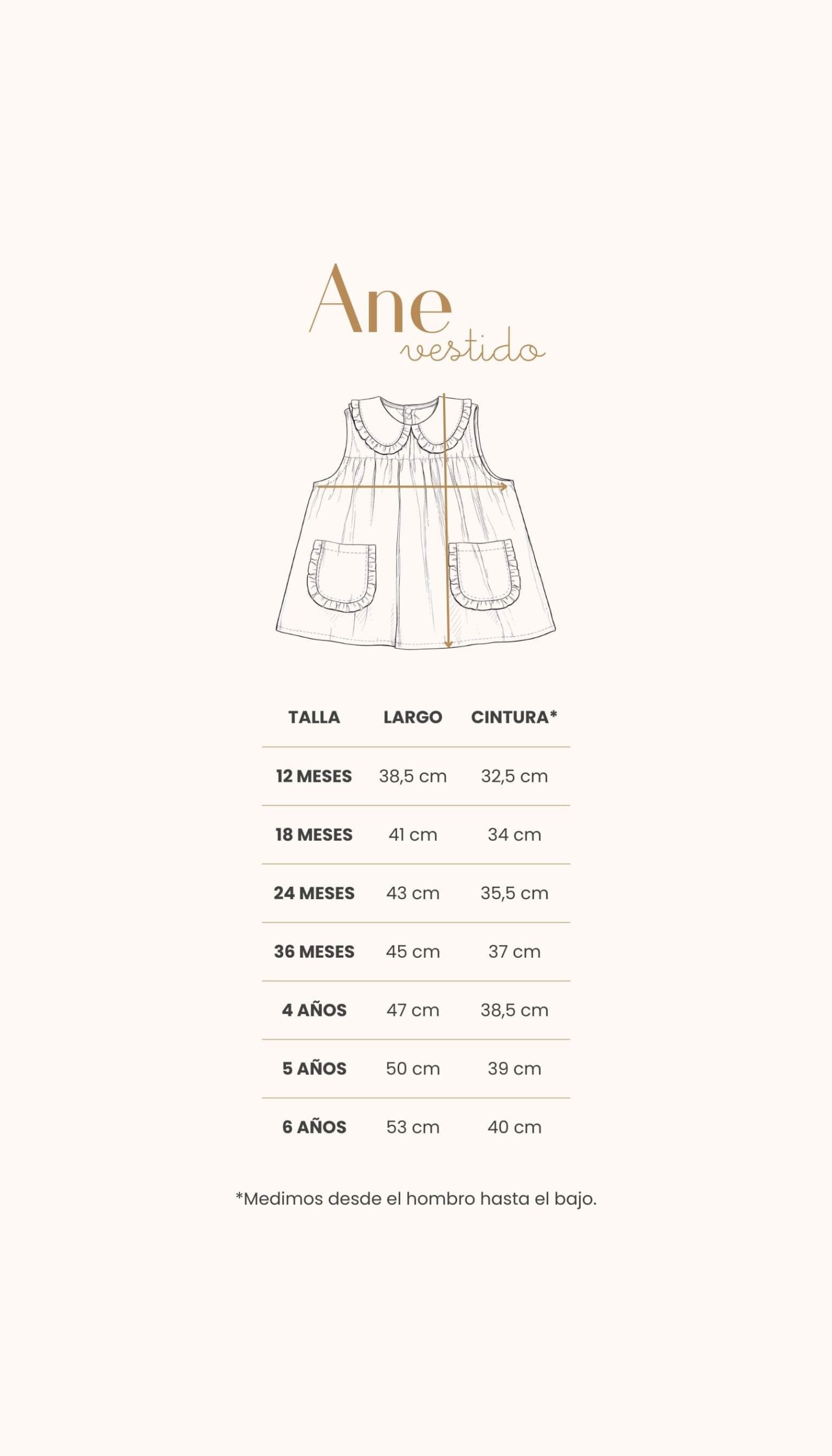 Guía de tallas del vestido con bolsillos confeccionado en flores Tahití con medidas detalladas por edad