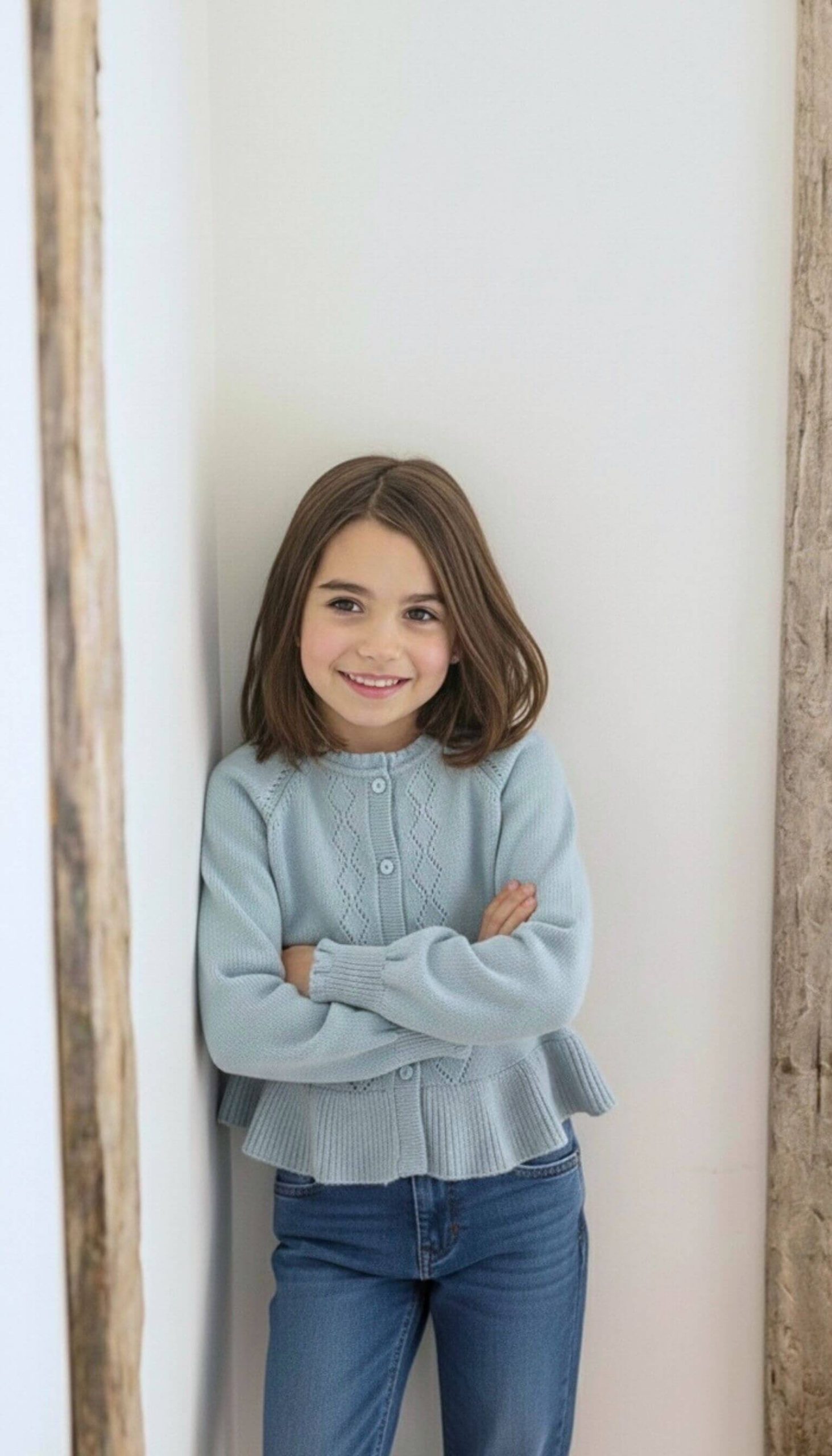 Jersey infantil de punto azul para niña visto de perfil.