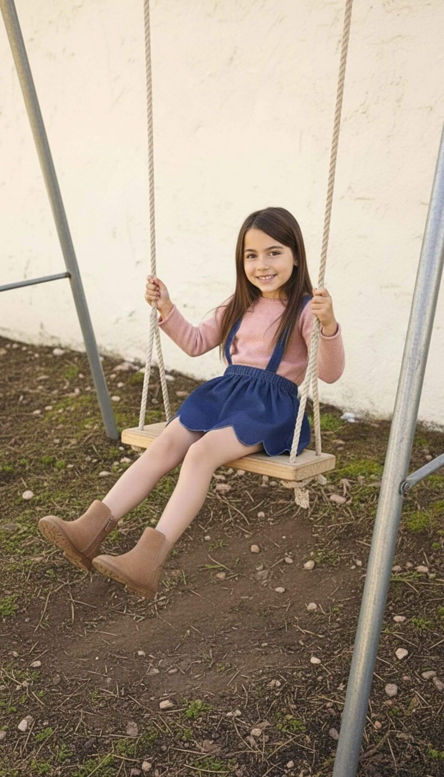 Jersey de punto rosa para niña combinado con falda de ondas denim oscuro en conjunto infantil.
