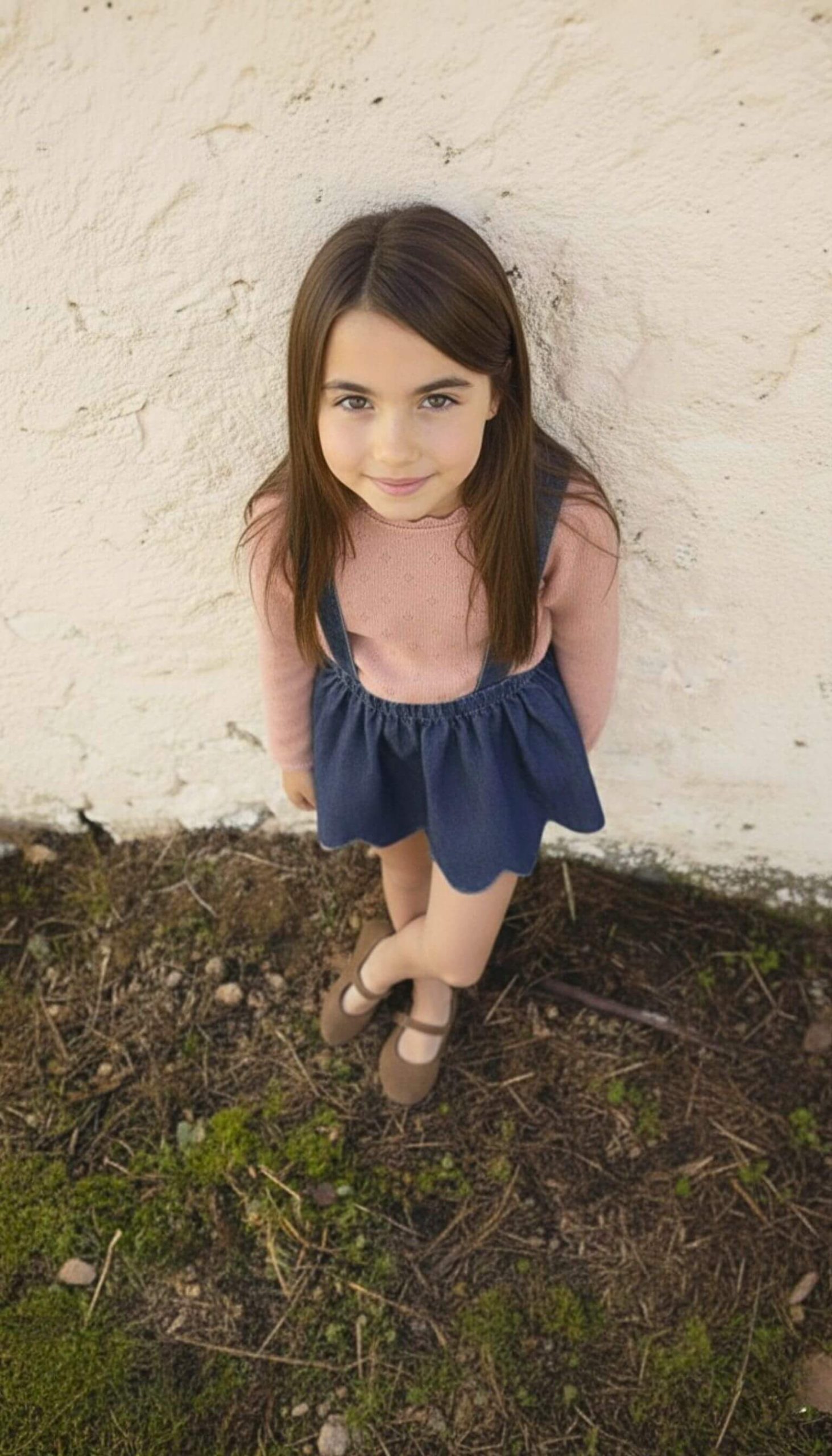 Jersey de punto rosa para niña puesto en modelo infantil vista frontal.