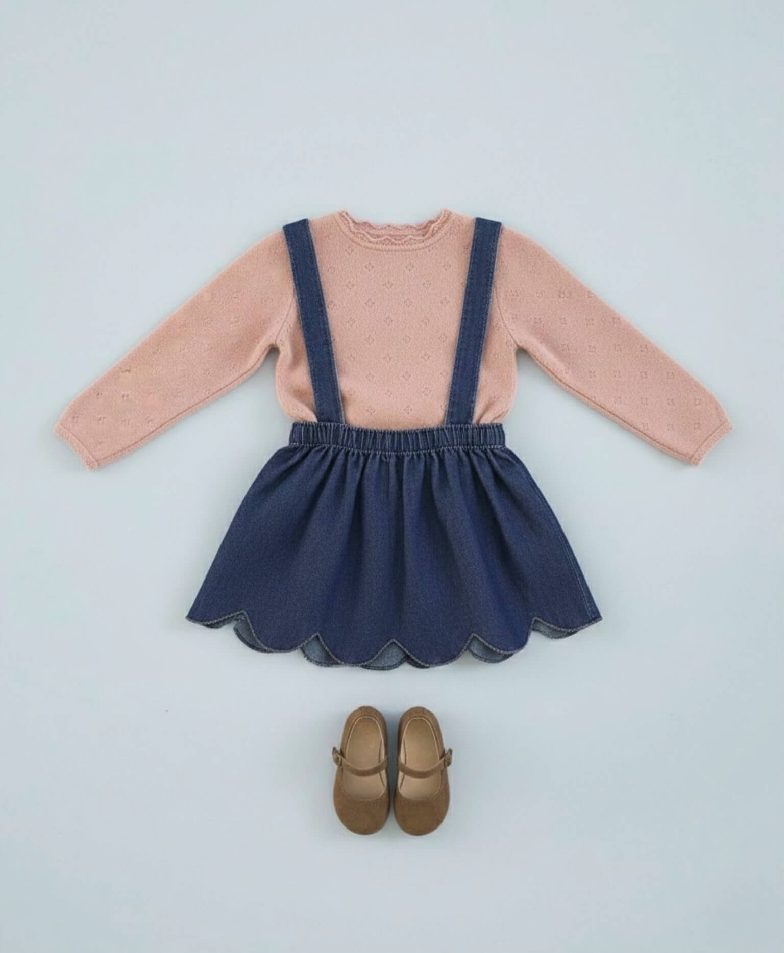 Conjunto infantil de jersey de punto rosa combinado con falda de ondas denim oscuro, sin modelo.