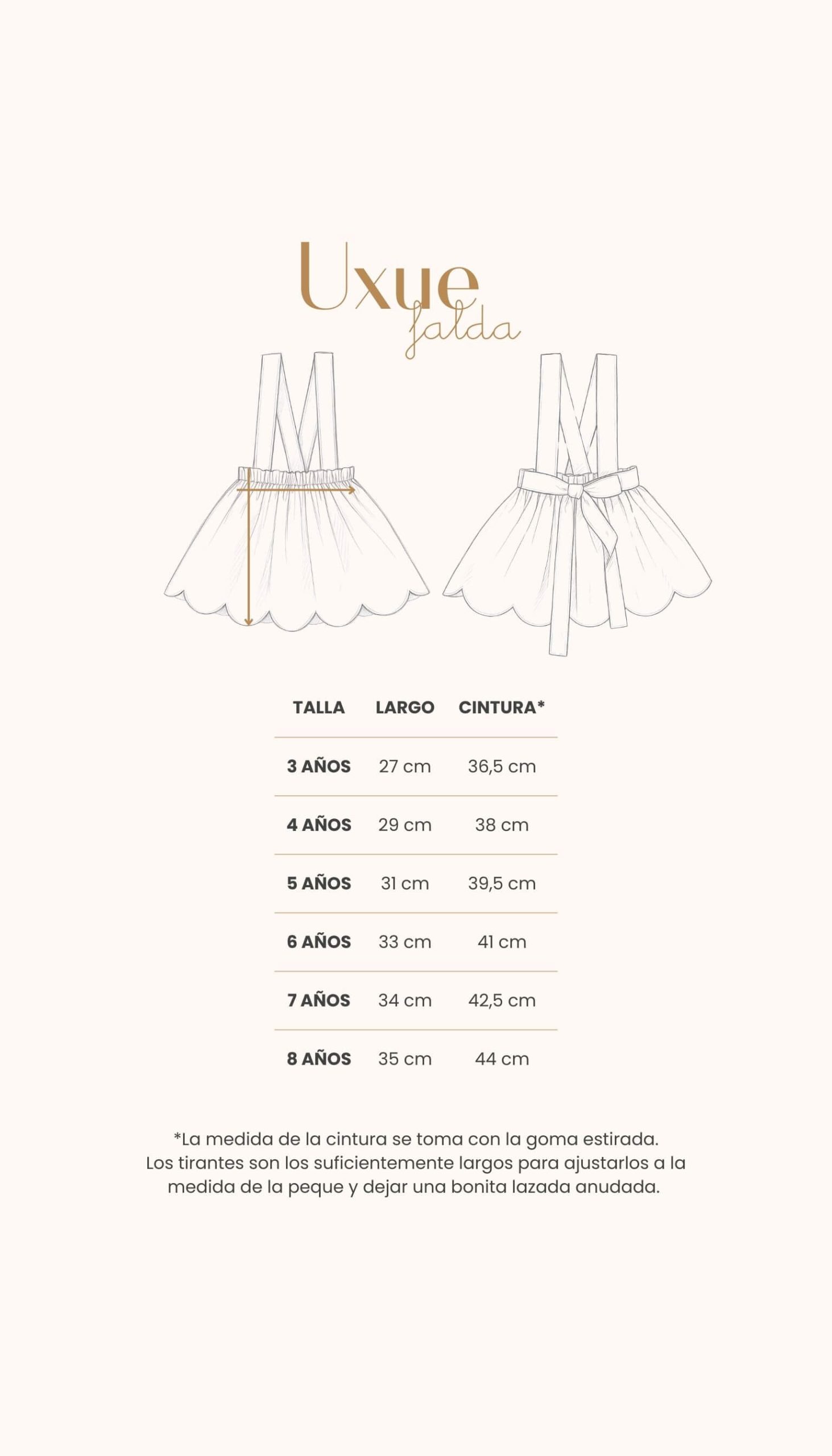 Guía de tallas de la falda de ondas denim porcelana para niña con medidas detalladas por edad