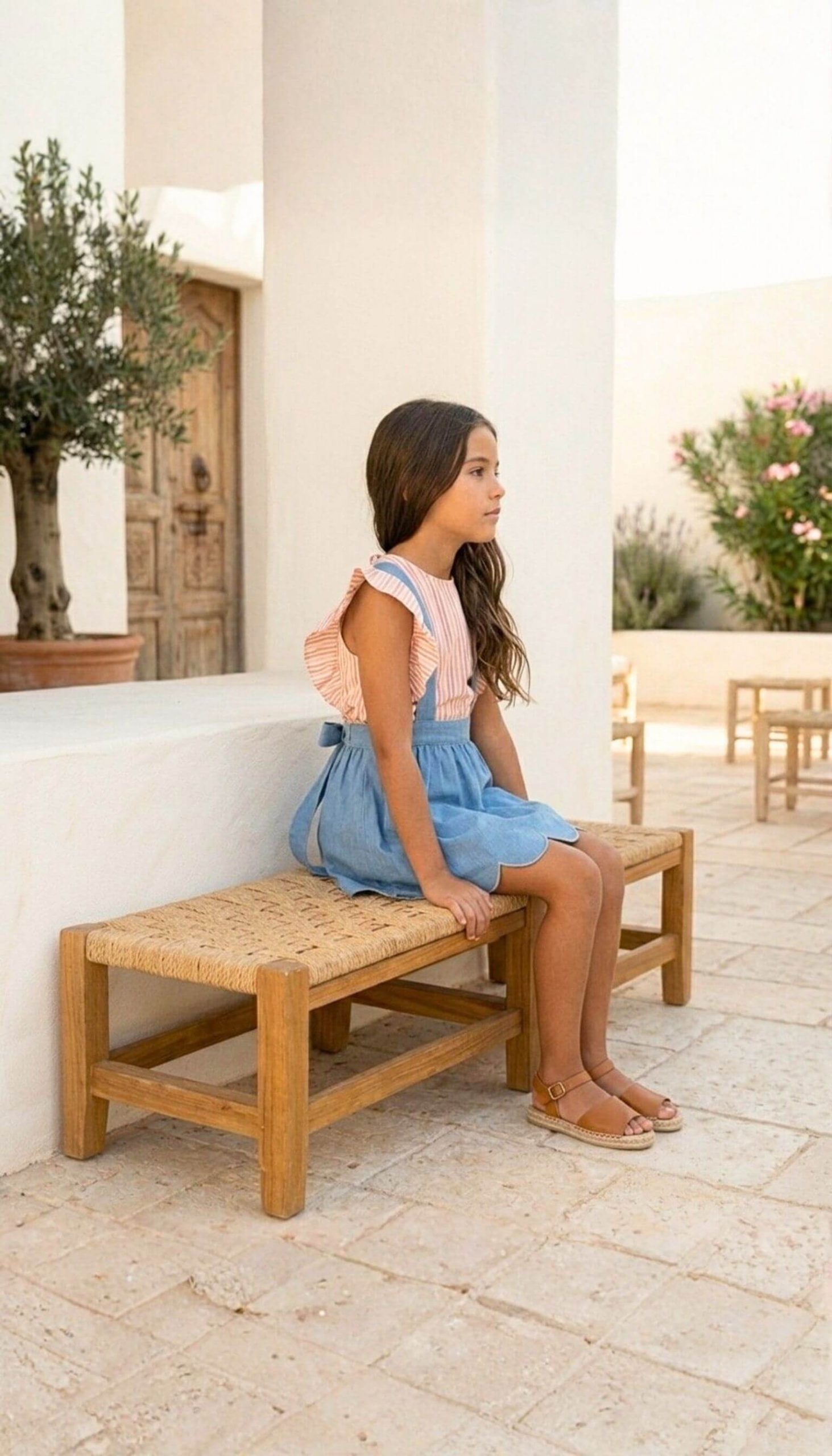 Blusa sin mangas de niña para verano en tejido de rayas Verona, detalle del vuelo del volante