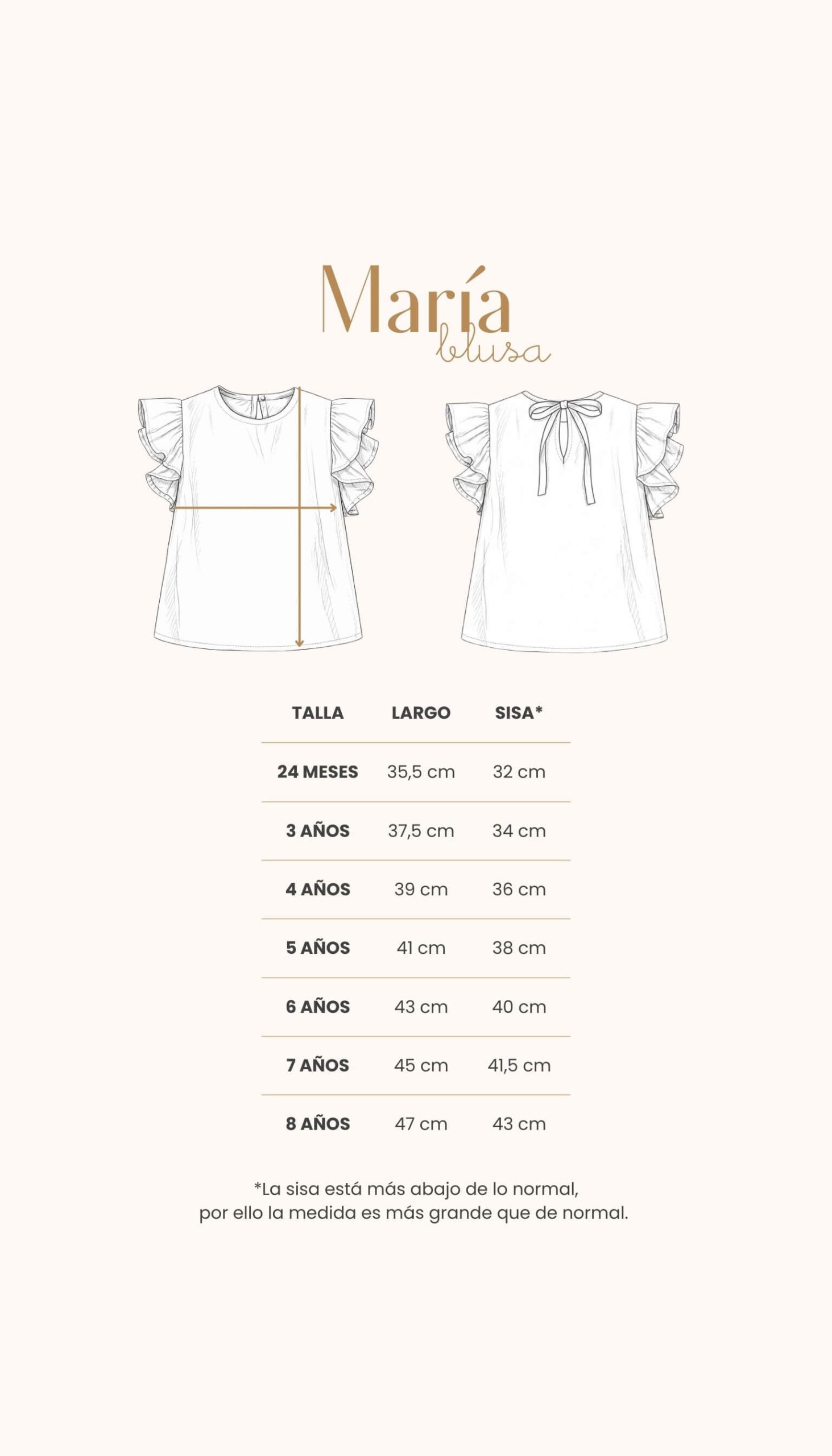 Guía de tallas de la blusa sin mangas para niña en rayas Verona con medidas detalladas por edad