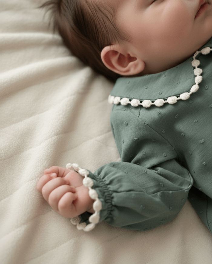 Camisa Peio en plumeti verde para bebé de 3 a 36 meses, detalle de puntilla en cuello y puños