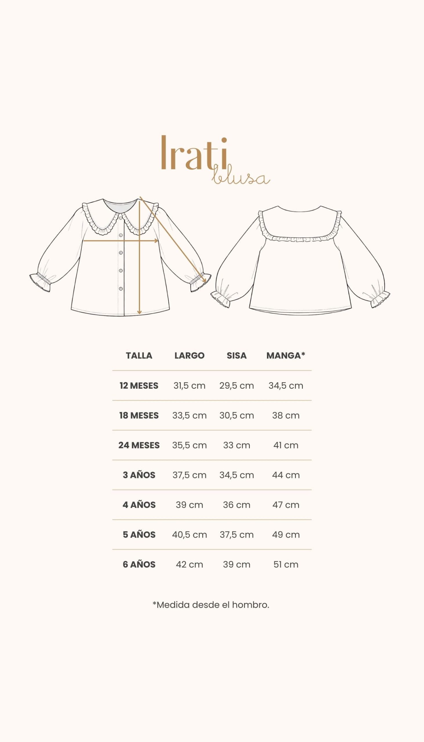 Guía de tallas de la blusa de manga larga con cuellos en vichy azul para niña con medidas detalladas por edad