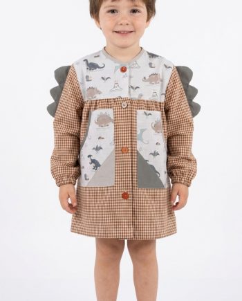 Bata escolar niño vichy marrón con dinosaurios